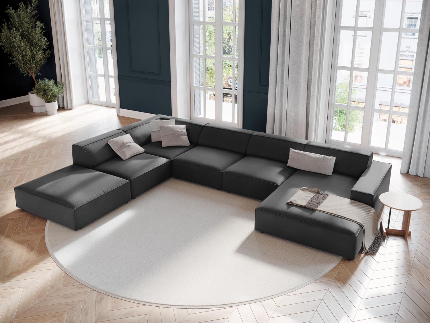 Elegantes Jodie Velour Ecksofa in Grau-Blau, 7-Sitzer, modulares Design für stilvolle Wohnräume, präsentiert von KAQTU Design AG.