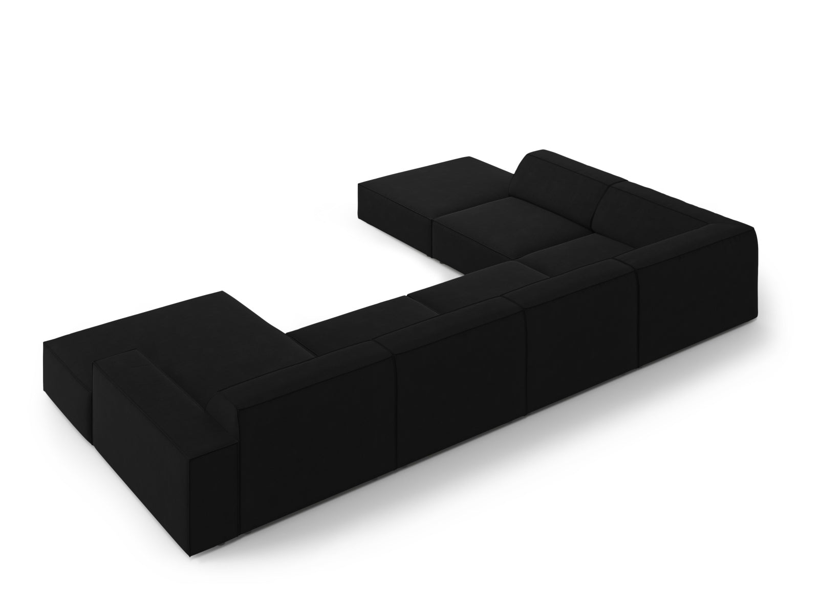 Elegantes, modulares 7-Sitzer Ecksofa Jodie Velour in Schwarz-Bluvel, perfekt für stilvolle Wohnzimmer und entspannte Abende.