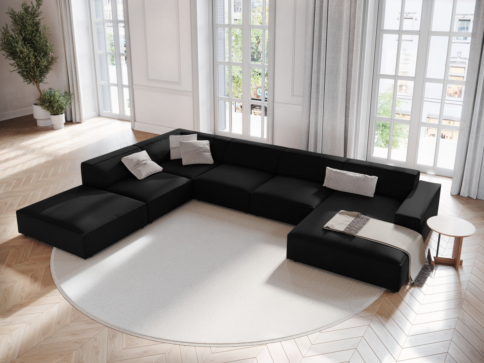 Entdecken Sie das elegante Jodie Velour 7-Sitzer Ecksofa links von Micadoni. Modulares Design, hoher Komfort und stilvolle Farben für Ihr Zuhause.