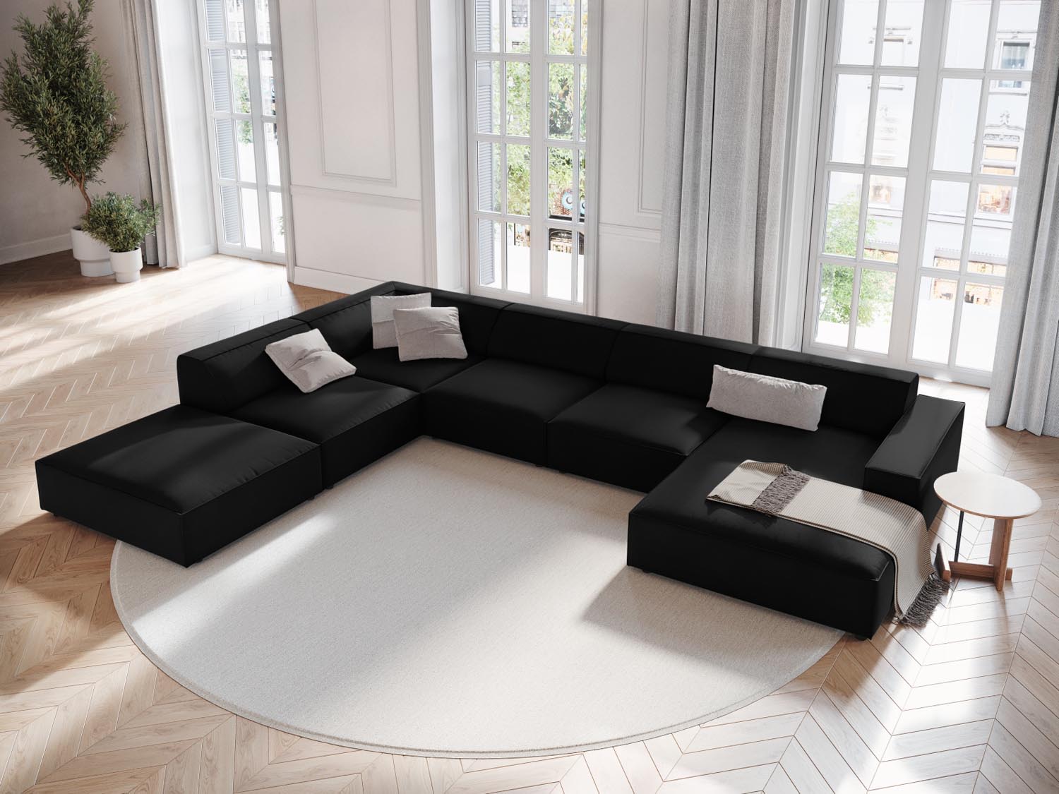 Elegantes Jodie Velour Ecksofa in Schwarz-Bluvel, 7-Sitzer, modulares Design für stilvolle Wohnräume, präsentiert von KAQTU Design AG.