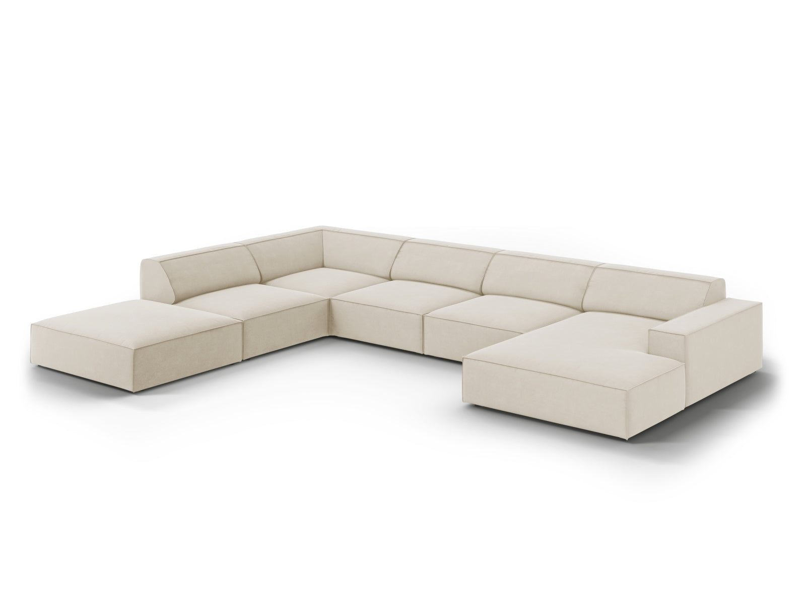 Modulares 7-Sitzer Ecksofa Jodie Velour in Dunkelbeige, linksseitig, perfekt für moderne Wohnlandschaften und stilvolle Einrichtung.