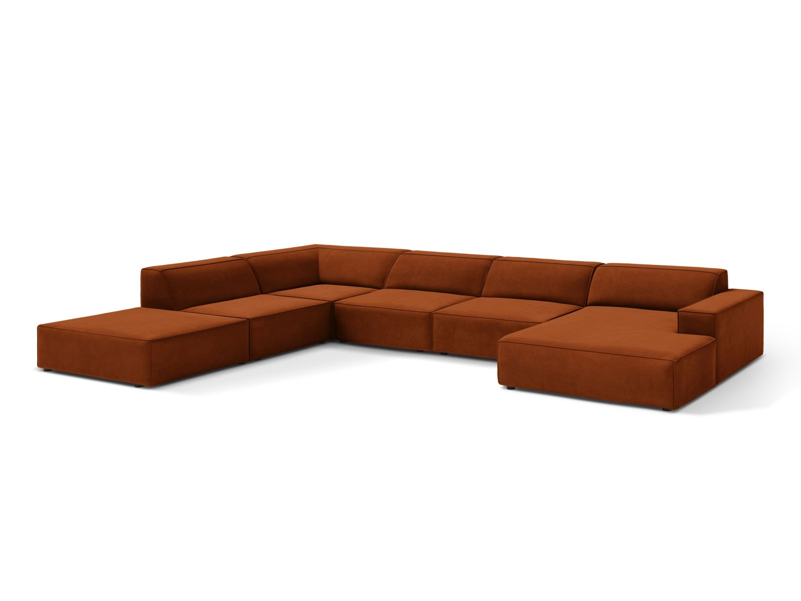 Elegantes, modulares 7-Sitzer Ecksofa Jodie in Terracotta-Bluvel, ideal für stilvolle Wohnräume, präsentiert von Micadoni.