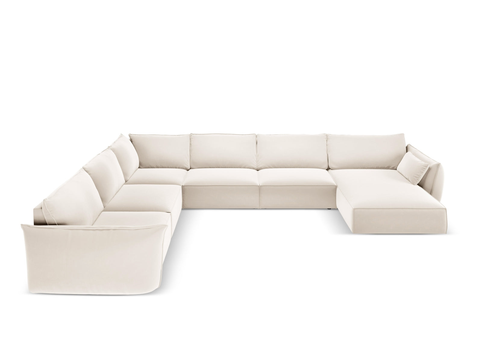 Elegantes Kaelle Velour Panoramic Ecksofa links für 8 Personen in sanftem Beige, ideal für stilvolle Wohnräume.