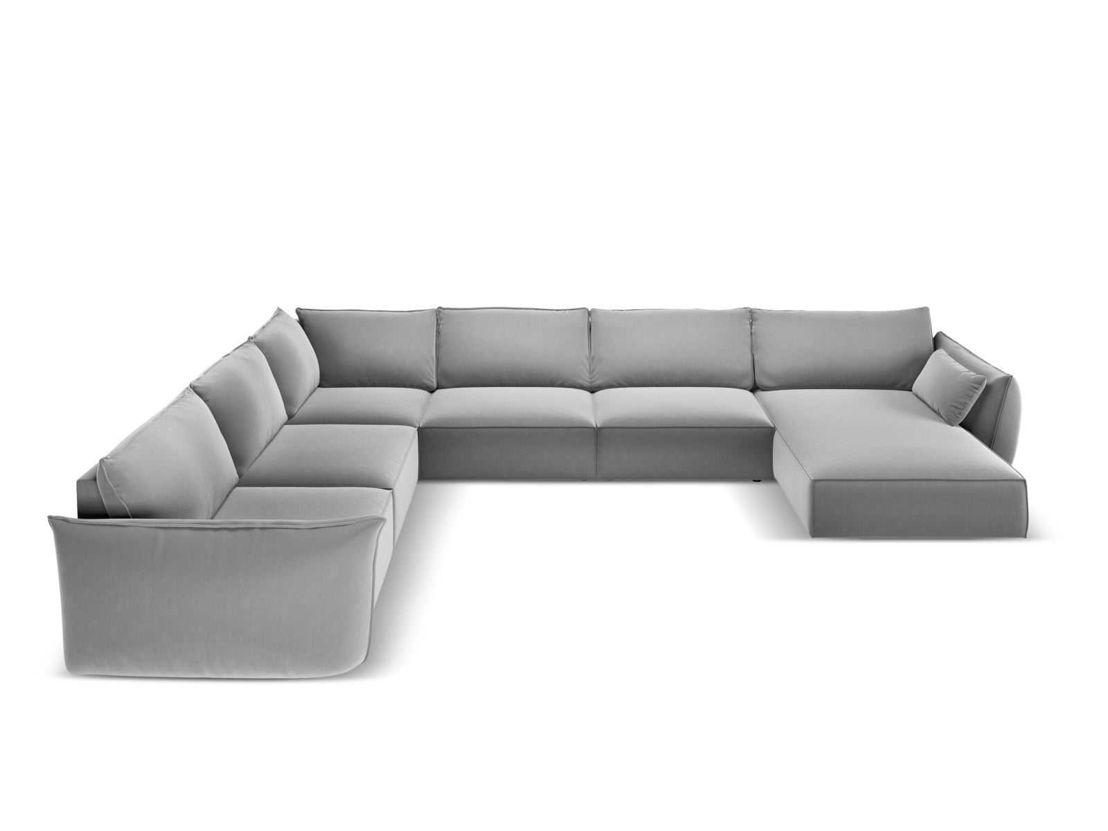 Elegantes Kaelle Velour Panoramic Ecksofa links für 8 Personen in stilvollem Grey-Bluvel, ideal für moderne Wohnräume.
