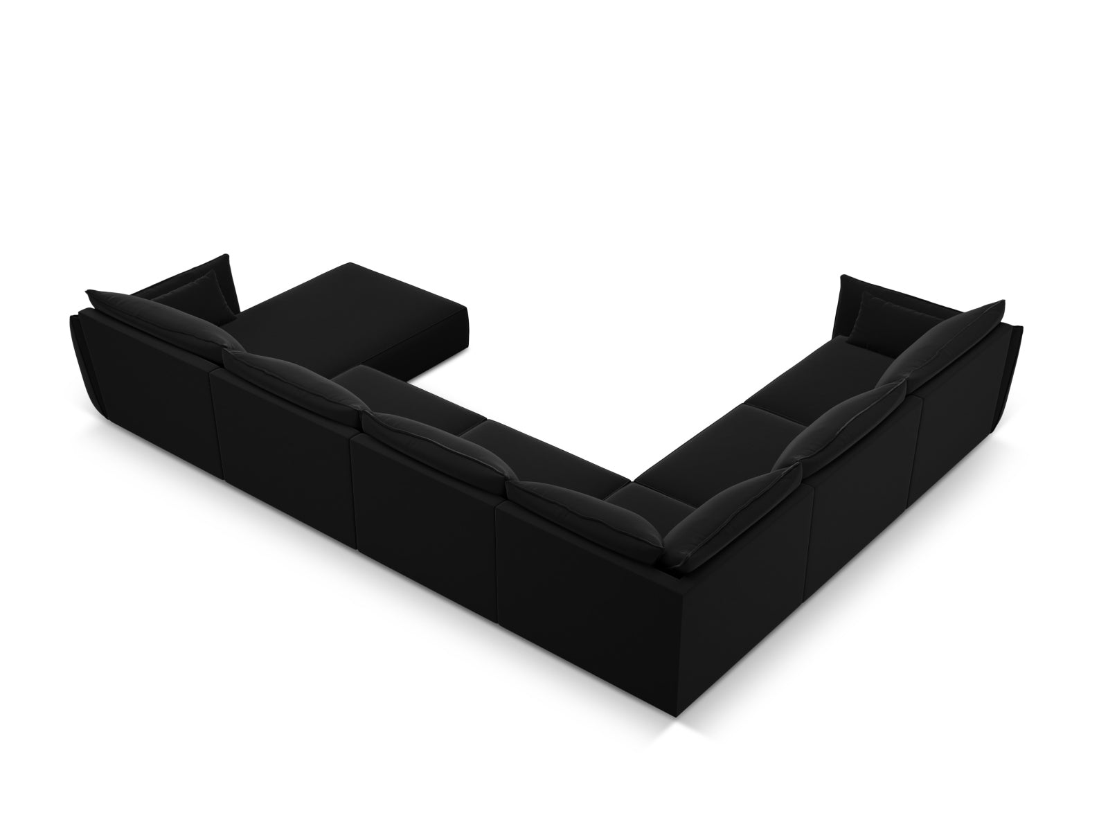 Luxuriöses Kaelle Velour Panoramic Ecksofa links für 8 Personen in edlem Black-Bluvel, perfekt für stilvolle und komfortable Wohnbereiche.