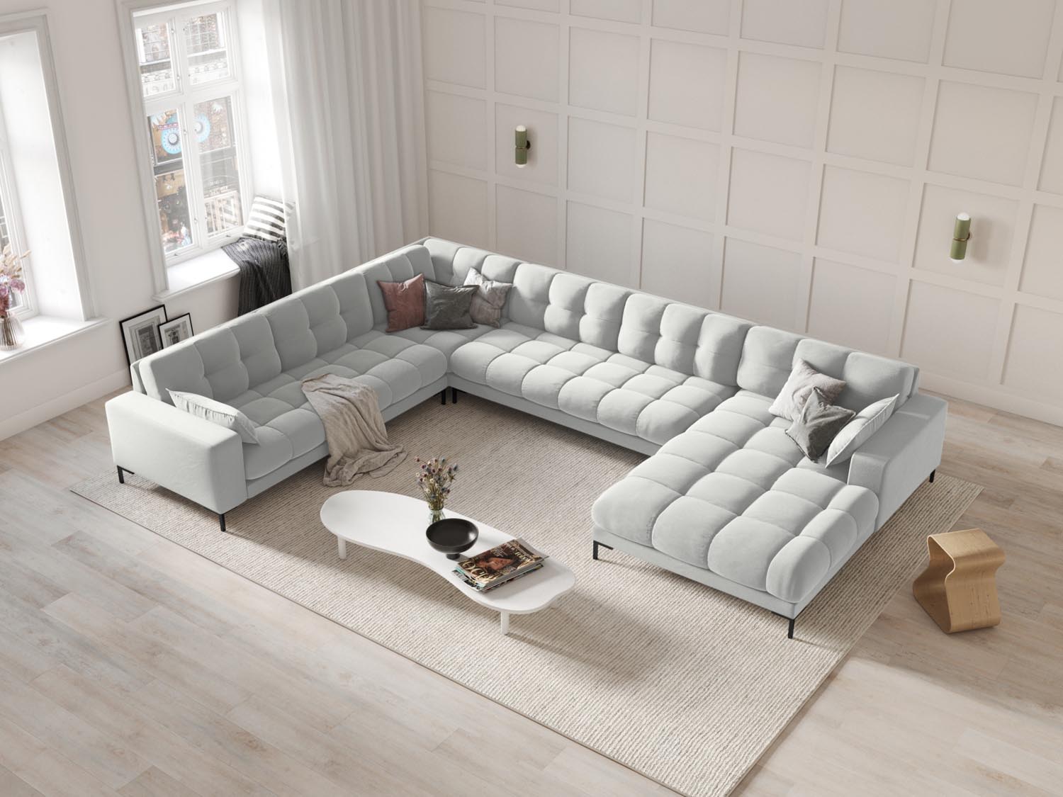 Elegantes Mamaia Velour Panoramic Ecksofa links in stilvollem Silver/Schwarz-Bluvel, ideal für moderne Wohnräume.