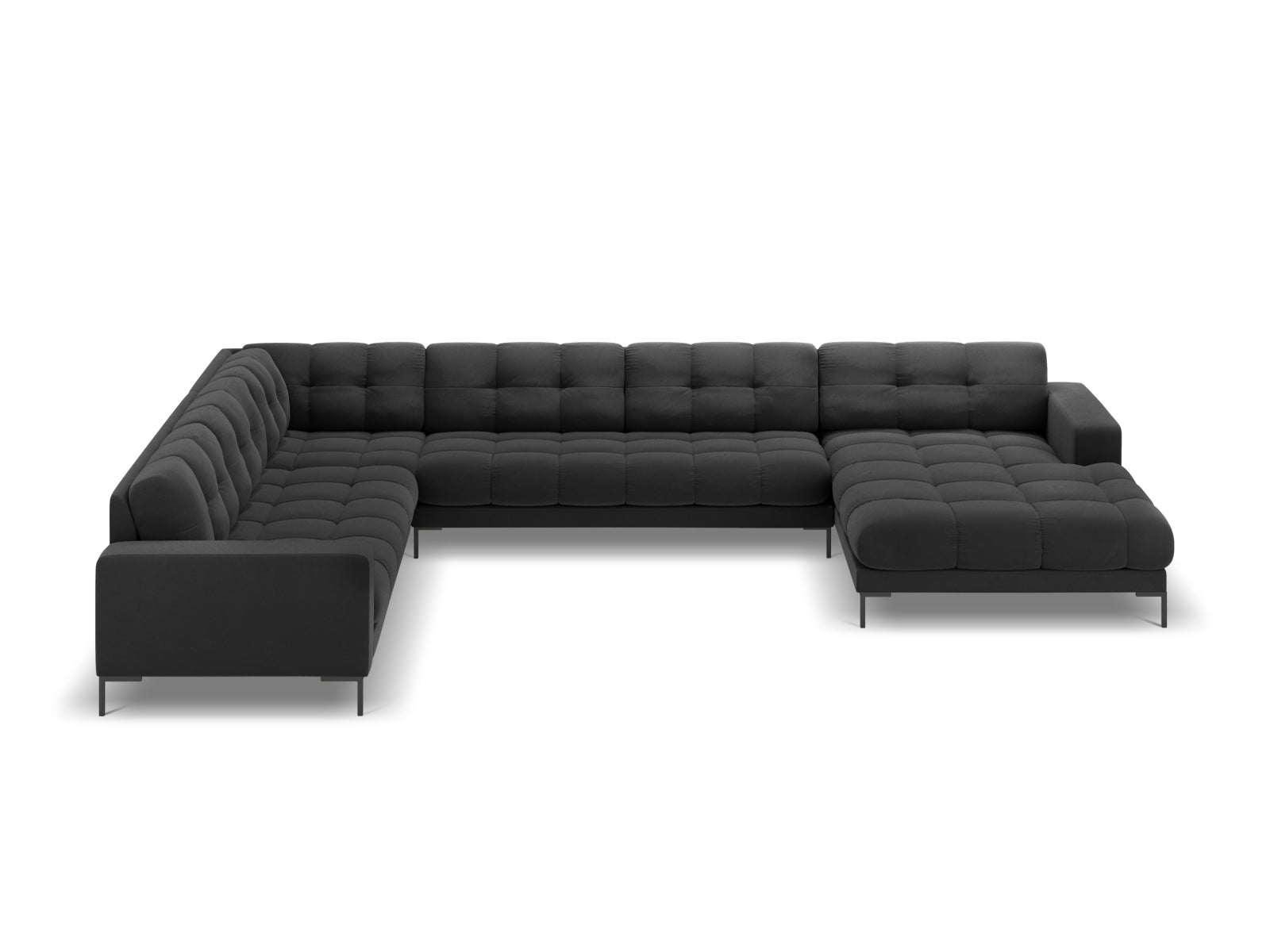 Modernes Mamaia Velour Panoramic Ecksofa links in edlem Dunkelgrau, perfekt für großzügige Wohnzimmer mit 7 bequemen Sitzplätzen von Micadoni.