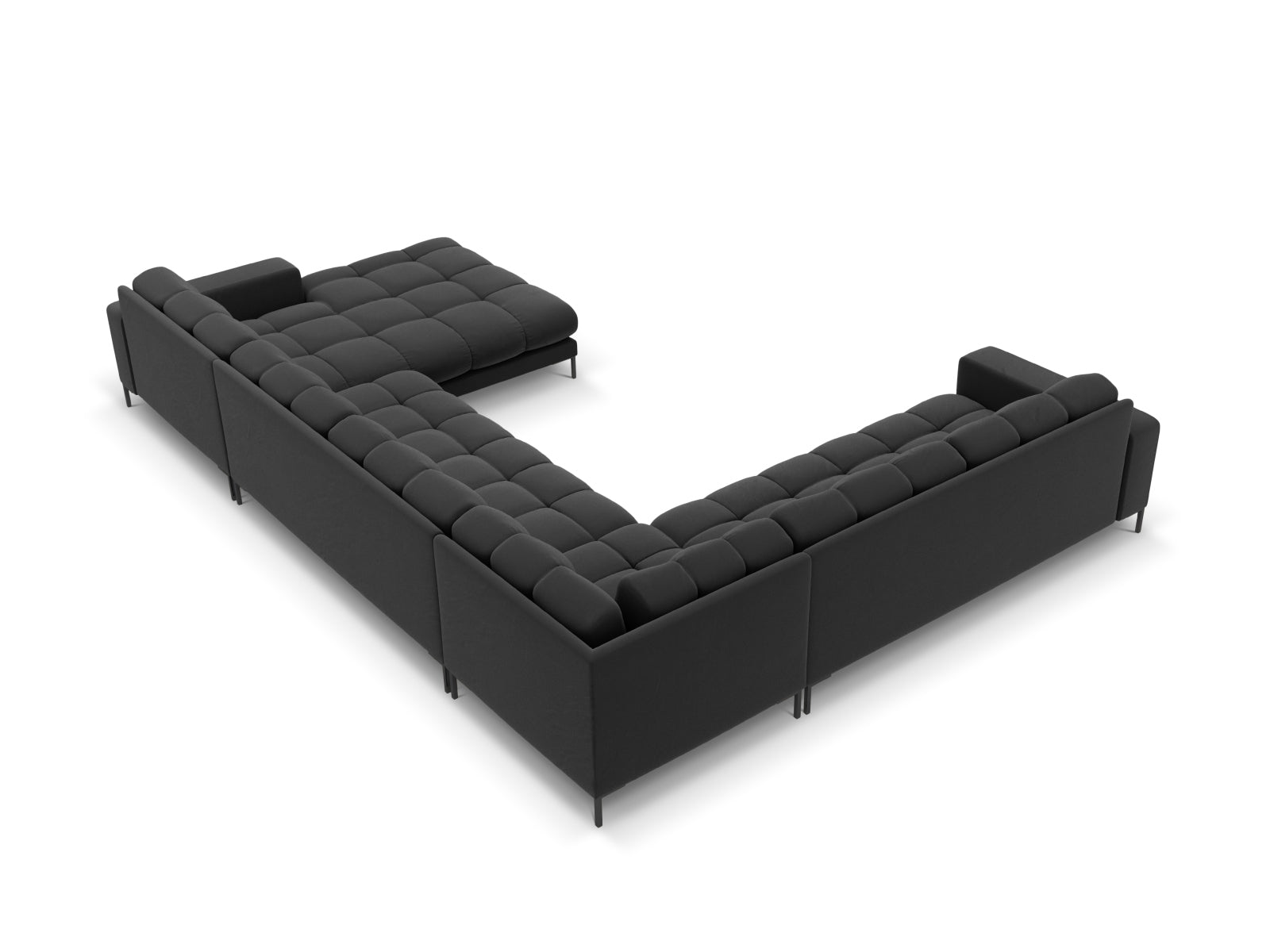 Elegantes Mamaia Velour Panoramic Ecksofa links in stilvollem Dunkelgrau, ideal für große Räume und gesellige Abende mit 7 Sitzplätzen.