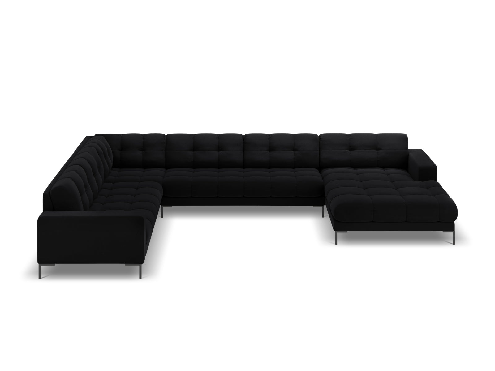 Luxuriöses Mamaia Velour Panoramic Ecksofa links in edlem Schwarz, perfekt für stilvolle Wohnzimmer und entspannte Stunden mit Freunden.