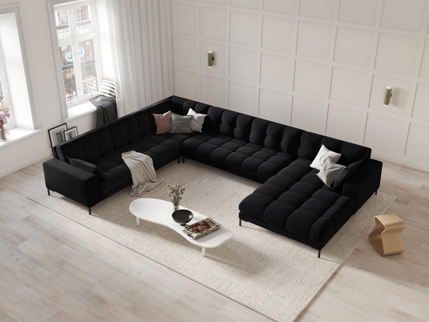 Elegantes Mamaia Velour Panoramic Ecksofa links in stilvollem Schwarz, ideal für moderne Wohnräume und gemütliche Abende.
