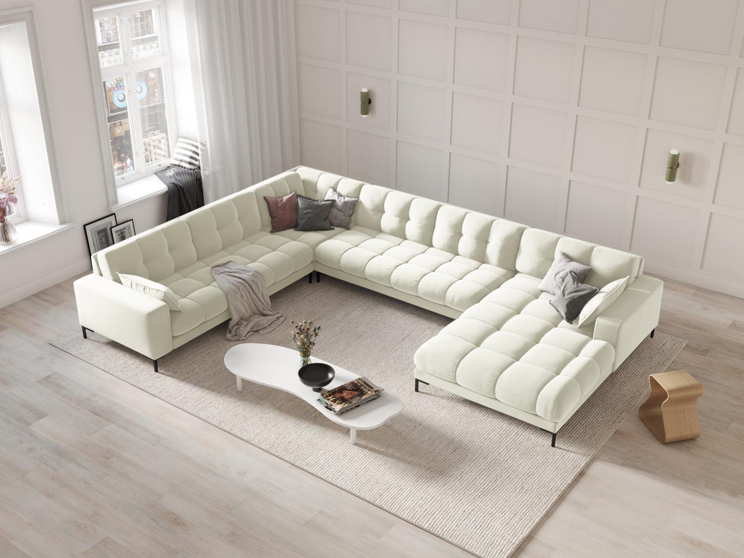 Elegantes Mamaia Velour Panoramic Ecksofa links in sanften Beige- und Schwarz-Tönen, ideal für stilvolle Wohnräume.