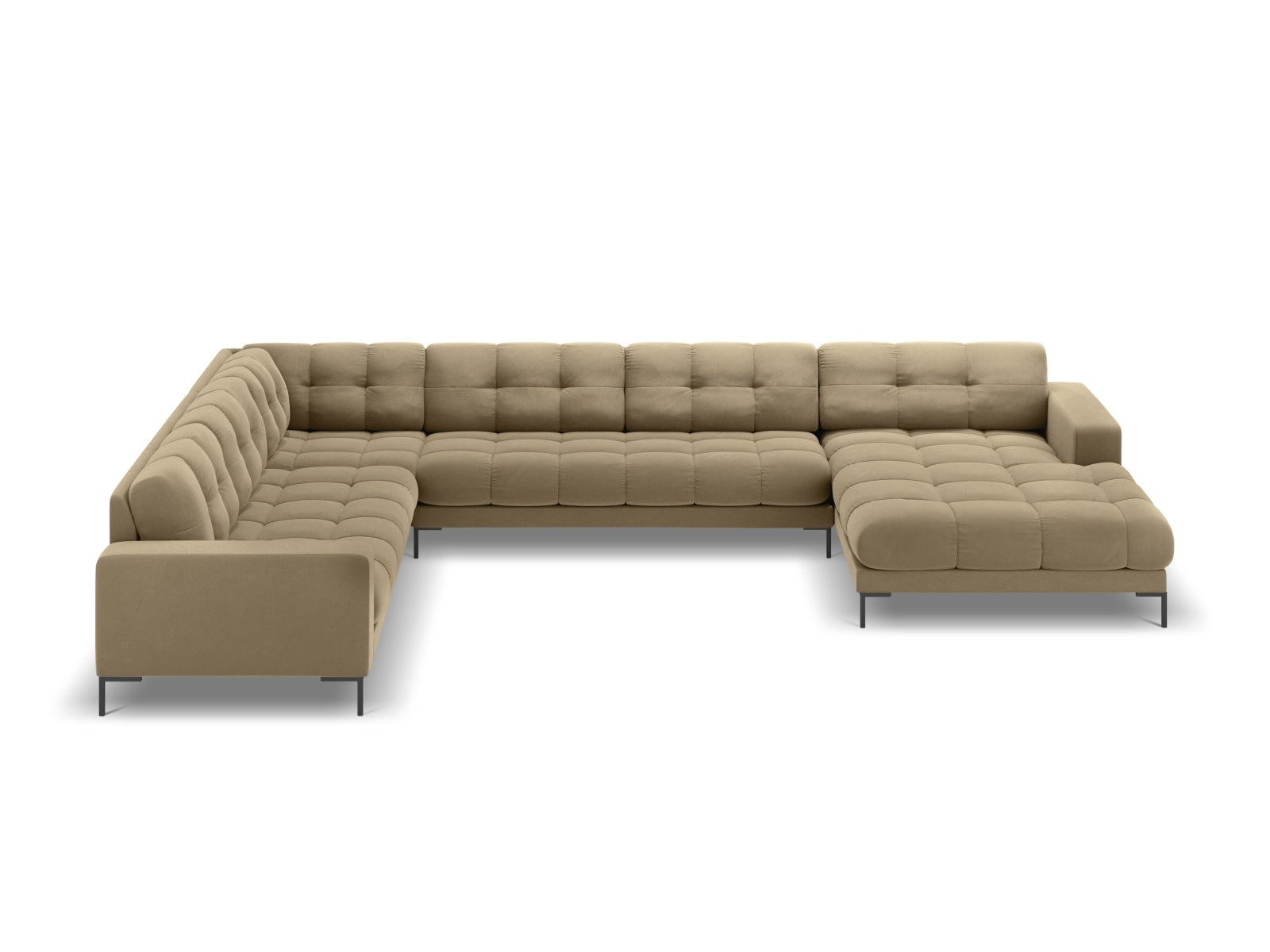 Luxuriöses Mamaia Velour Panoramic Ecksofa links in sanften Beige- und Schwarztönen, perfekt für stilvolle Wohnzimmer und entspannte Stunden.