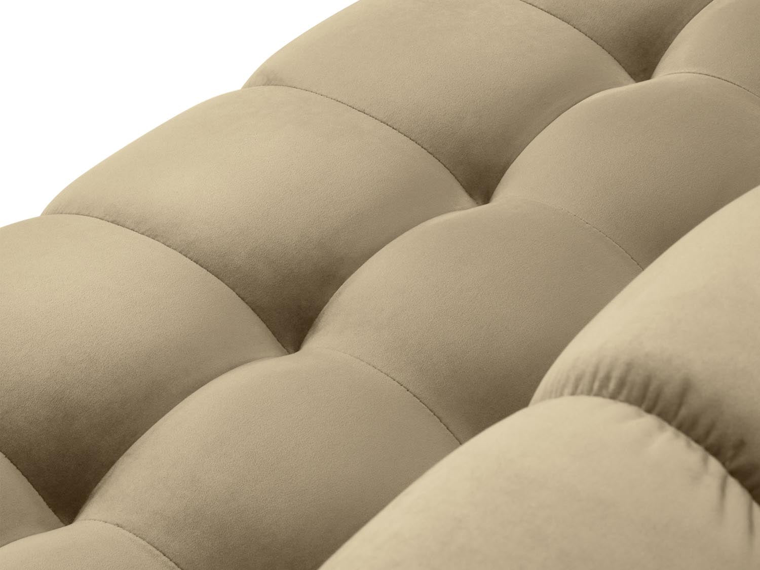 Stilvolles Mamaia Velour Panoramic Ecksofa links, 7-Sitzer in sanften Beige- und Schwarzfarben, perfekt für entspannte Abende im Wohnzimmer.