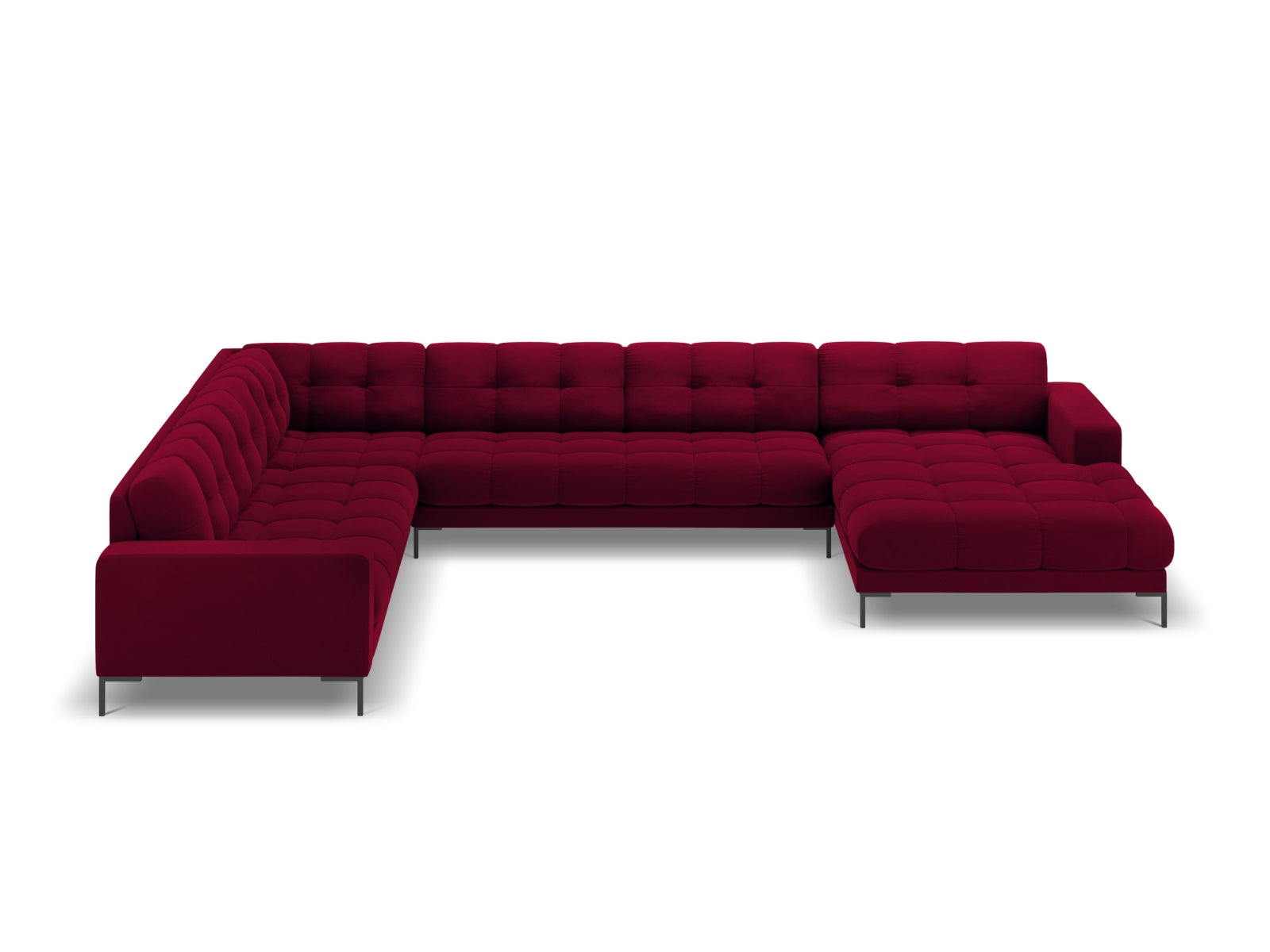 Luxuriöses Mamaia Velour Panoramic Ecksofa links in ansprechendem Rot und Schwarz, perfekt für stilvolle Wohnzimmer und entspannte Stunden.