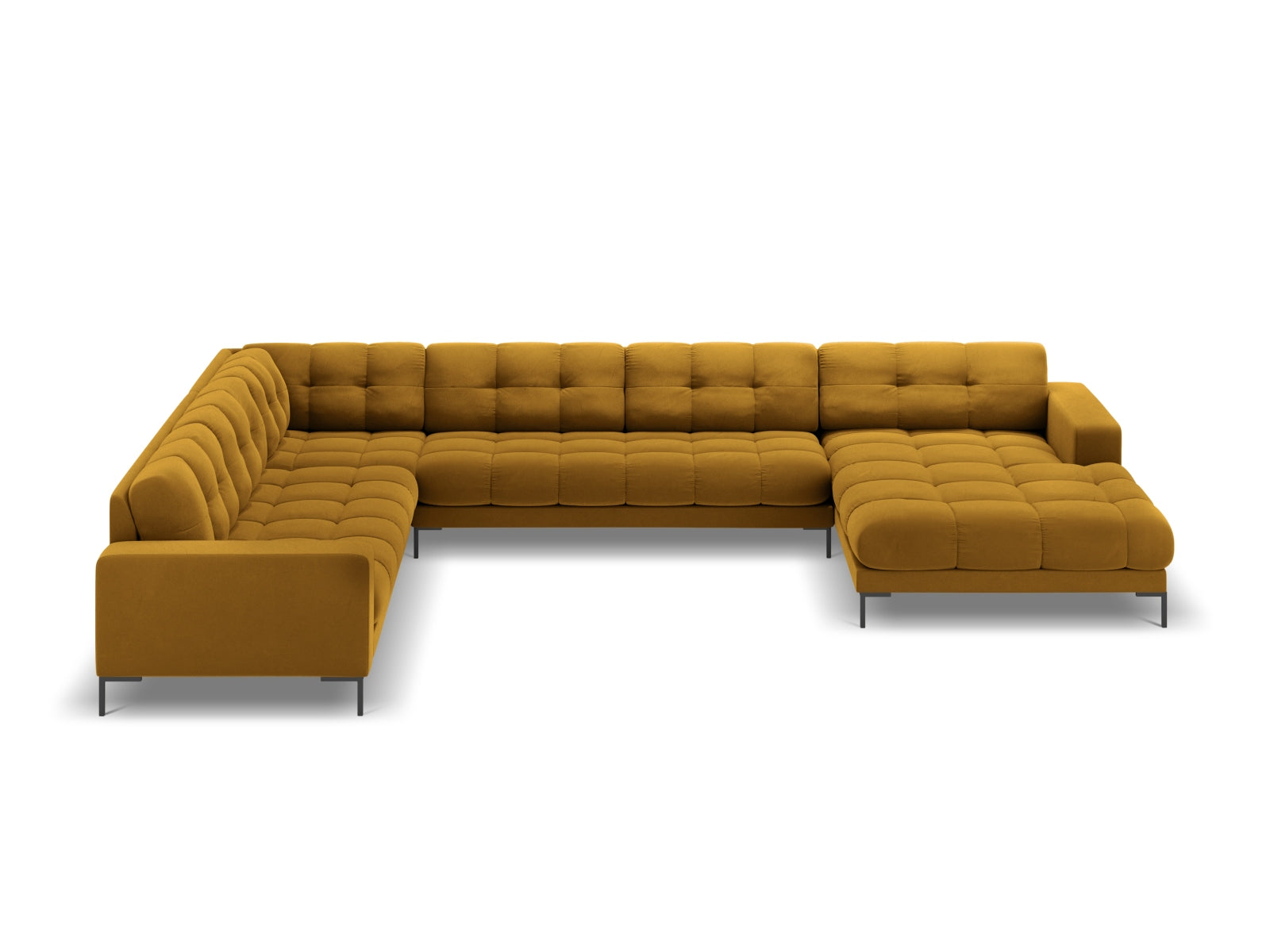 Stylisches Mamaia Velour Panoramic Ecksofa links in ansprechendem Gelb und Schwarz, perfekt für einladende Wohnzimmer und entspannte Stunden.