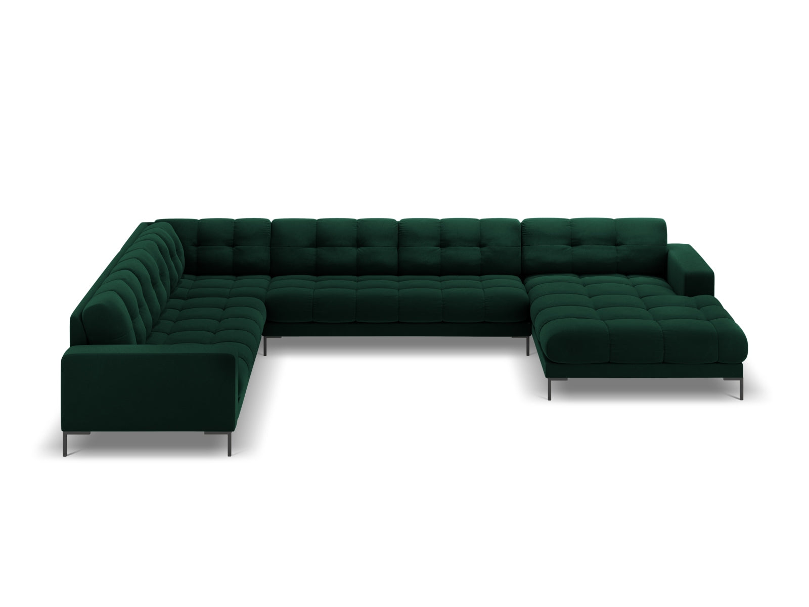 Luxuriöses Mamaia Velour Panoramic Ecksofa links in tiefem Flaschengrün und edlem Schwarz-Bluvel, perfekt für moderne Wohnkonzepte.