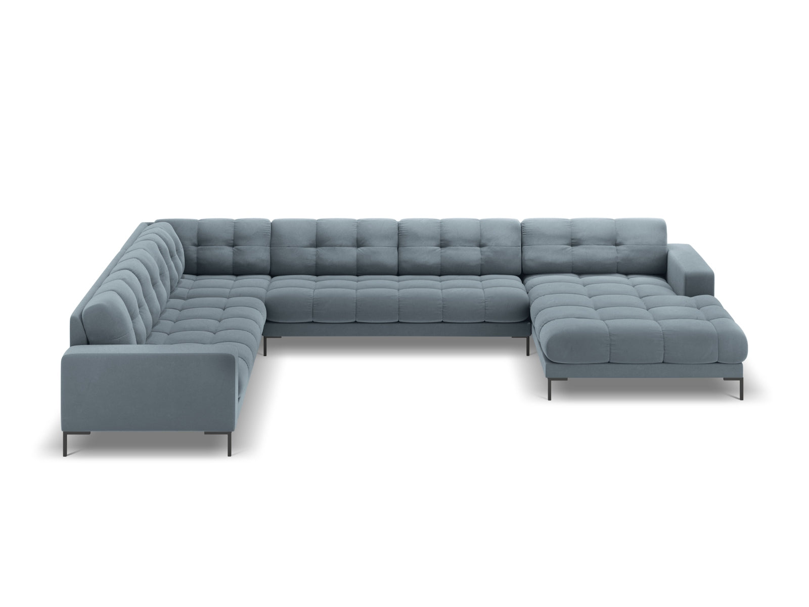 Modernes Mamaia Velour Panoramic Ecksofa links in sanften Farbtönen, perfekt für gemütliche und stilvolle Wohnambiente.