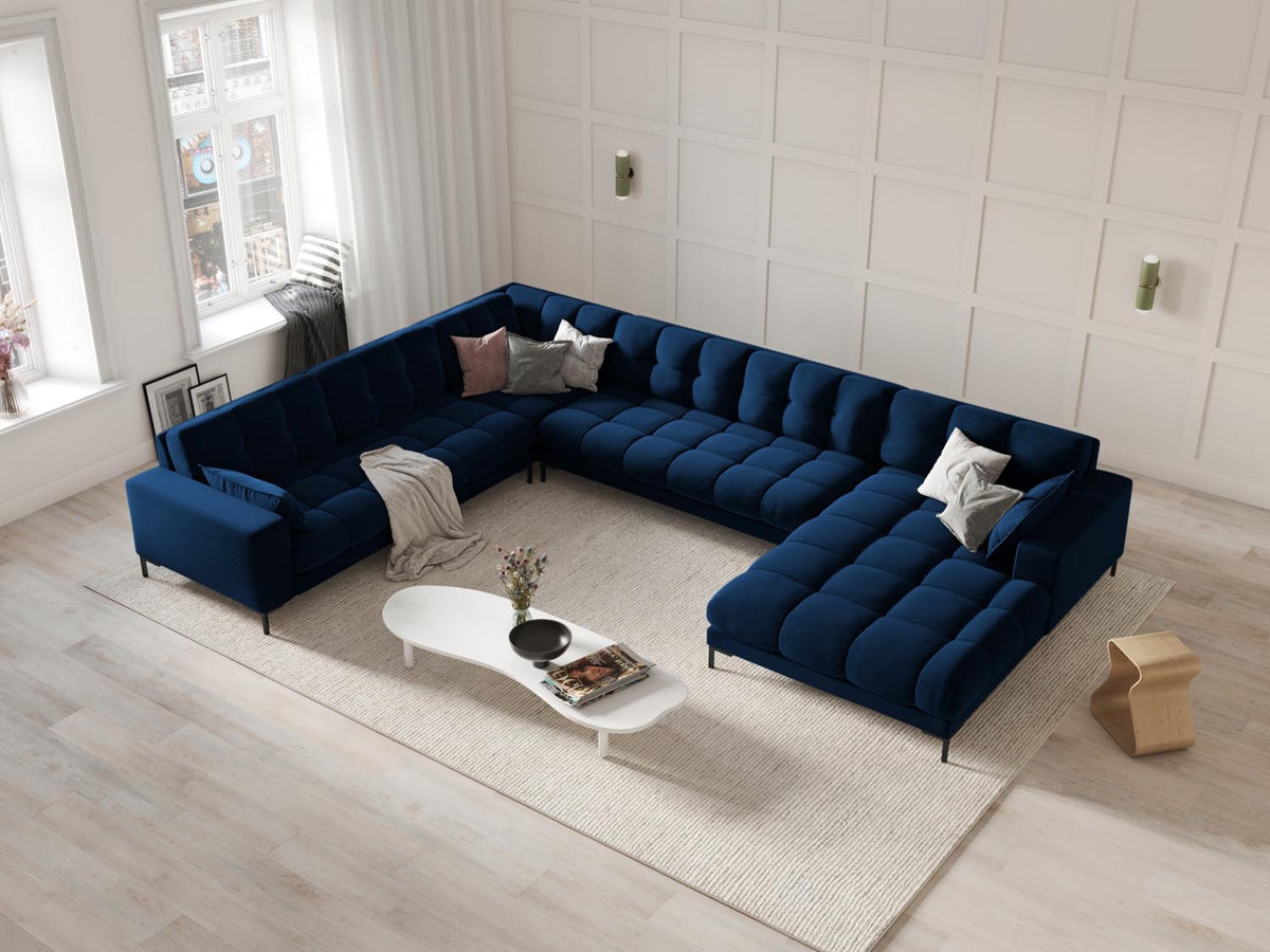 Mamaia Velour Panoramic Ecksofa links 7 Sitzer in Royal Blue/Schwarz-Bluvel präsentiert im Onlineshop von KAQTU Design AG. Ecksofa links ist von Micadoni