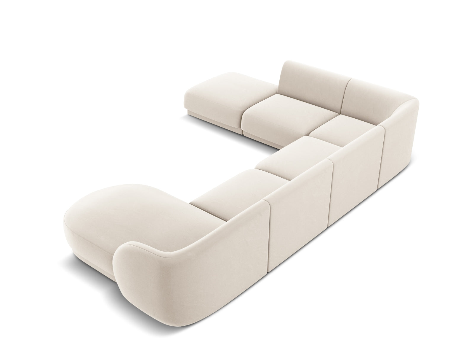 Stylisches Miley Velour Panoramic Ecksofa links für 6 Personen, ideal für gemütliche Zusammenkünfte und stilvolle Wohnräume.