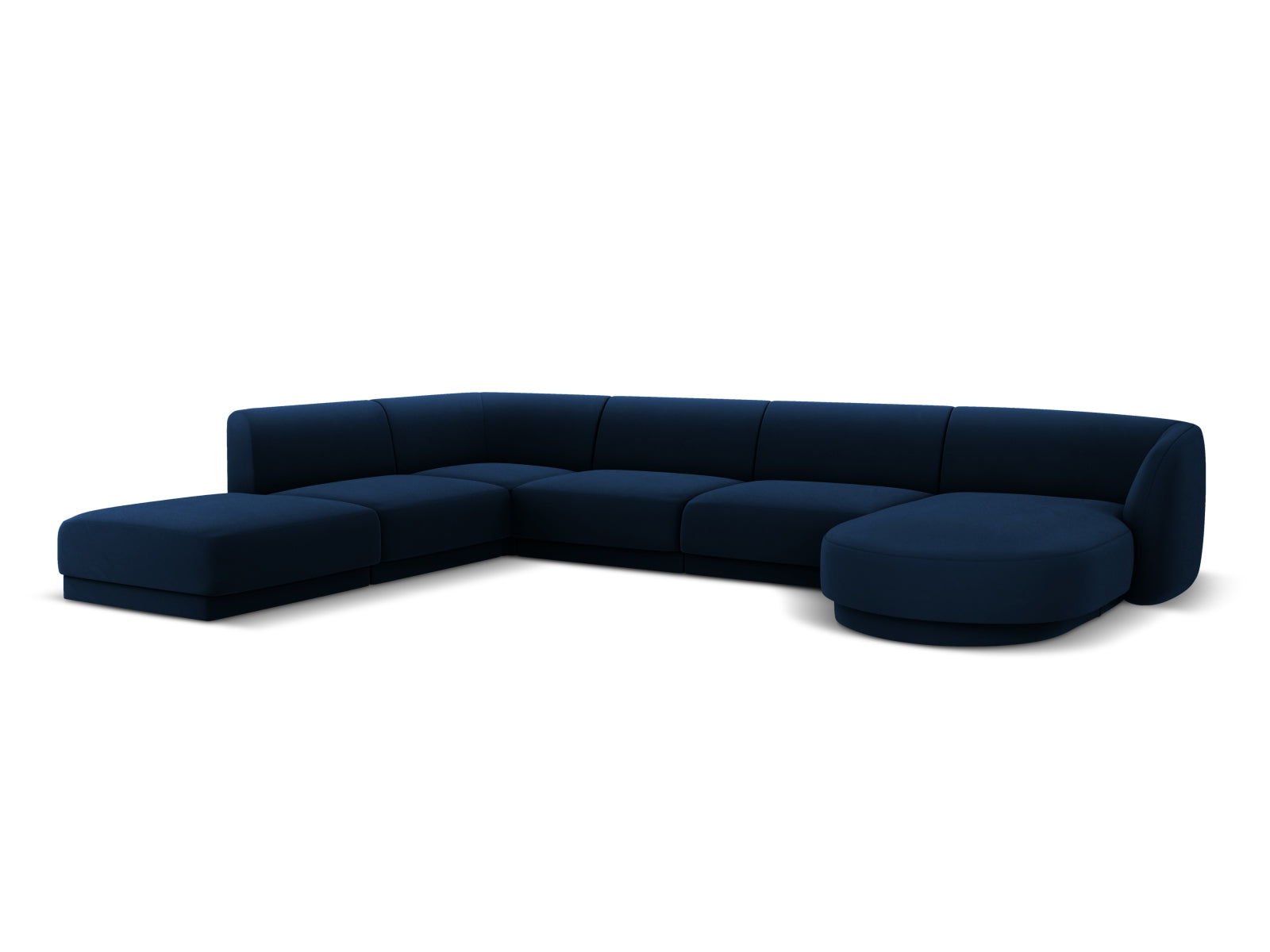Luxuriöses Miley Velour Panoramic Ecksofa links in tiefem Royalblau, perfekt für moderne Wohnzimmer und entspannte Stunden mit Freunden.