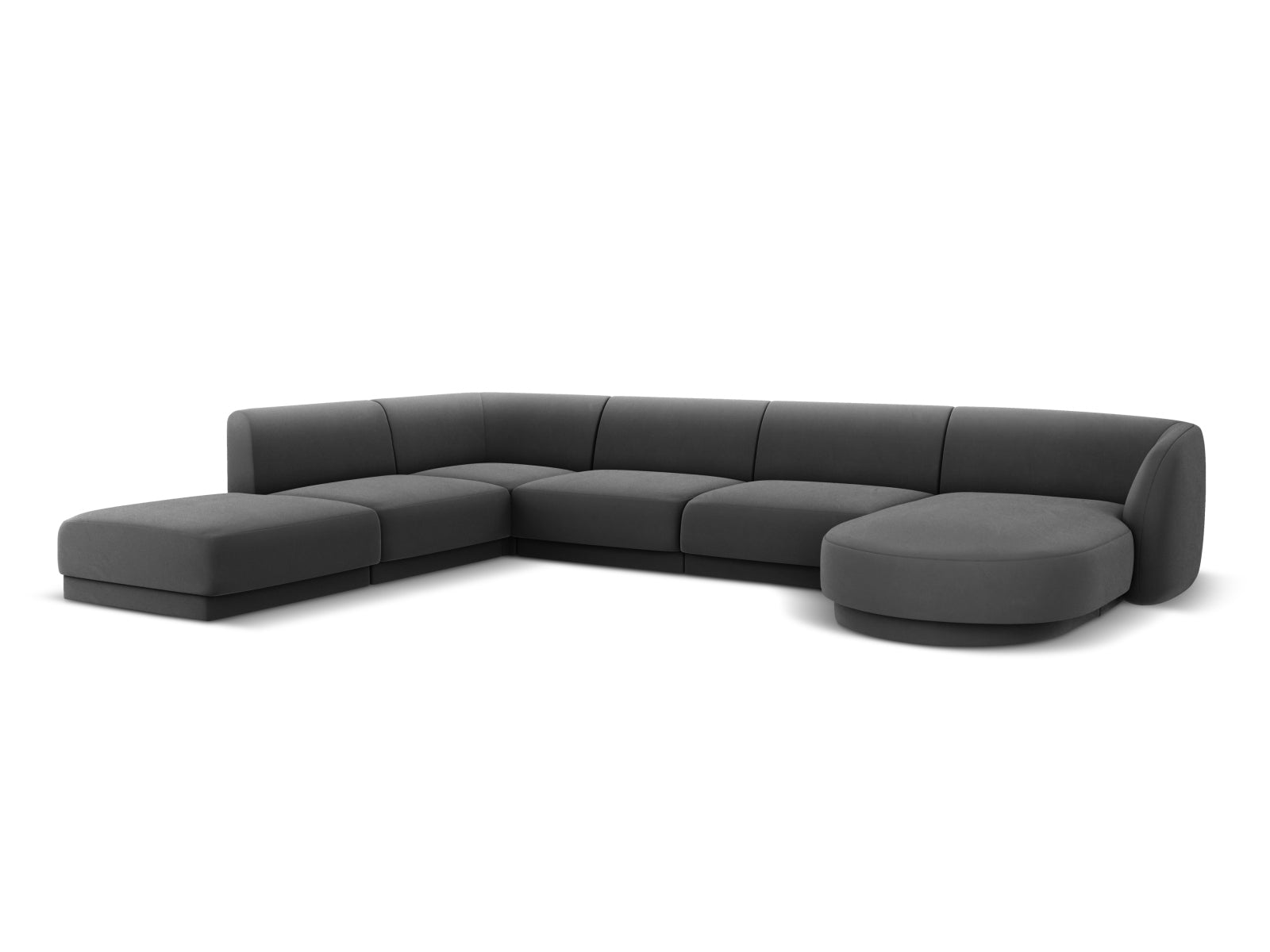 Luxuriöses Miley Velour Panoramic Ecksofa links in trendigem Grau-Blau, perfekt für stilvolle Wohnzimmer und entspannte Stunden.