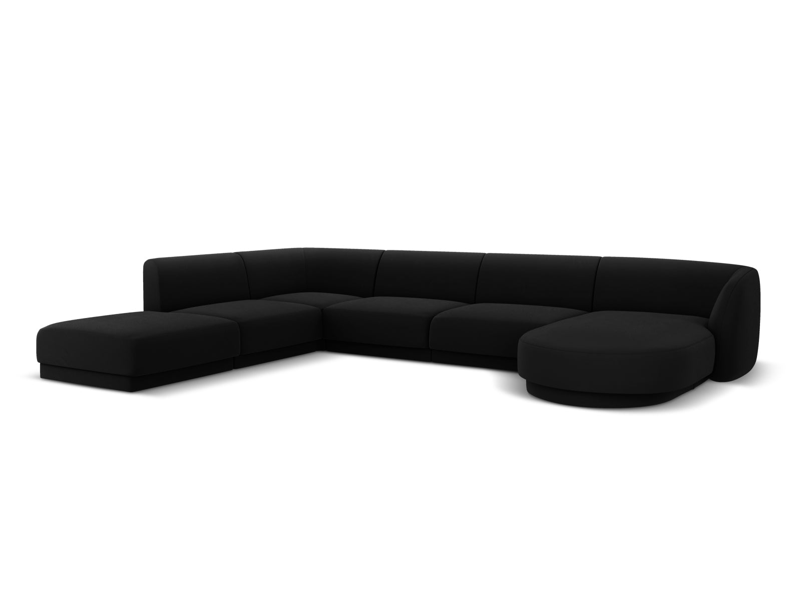 Luxuriöses Miley Velour Panoramic Ecksofa links für 6 Personen in edlem Black-Bluvel, perfekt für stilvolle Wohnzimmergestaltung.
