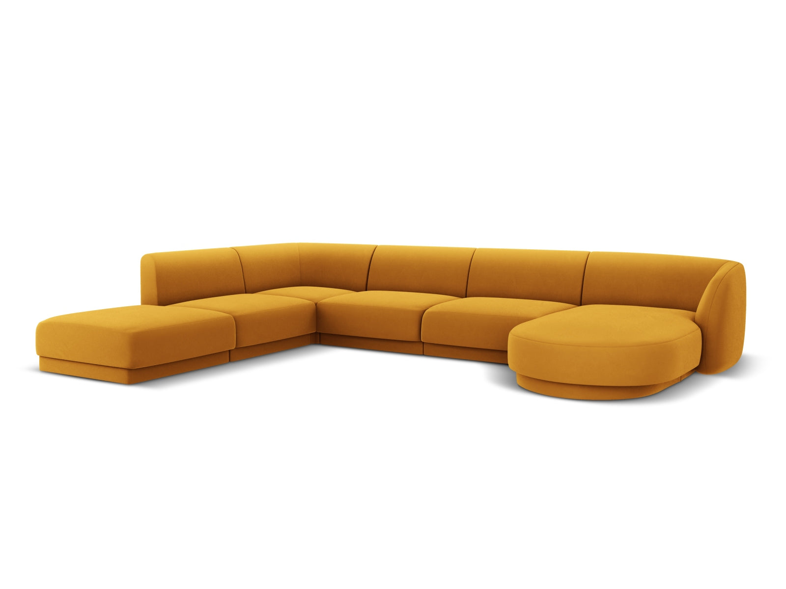 Elegantes Miley Velour Panoramic Ecksofa links in trendigem Gelb-Blau, perfekt für gesellige Abende und stilvolle Einrichtung, für bis zu 6 Personen.