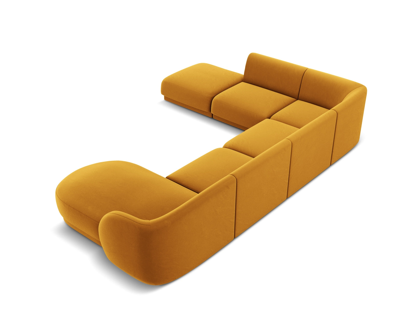 Stylisches Miley Velour Panoramic Ecksofa links in modernem Gelb-Blau, ideal für gemütliche Zusammenkünfte und einladende Wohnräume, für bis zu 6 Personen.