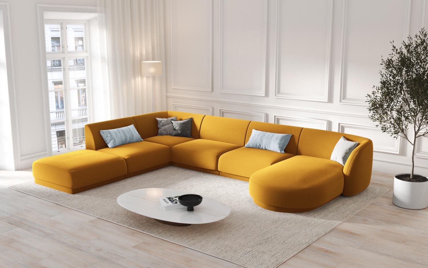 Stylisches Miley Velour Panoramic Ecksofa links in Gelb-Blau, ideal für moderne Wohnräume, bietet Platz für bis zu 6 Personen.
