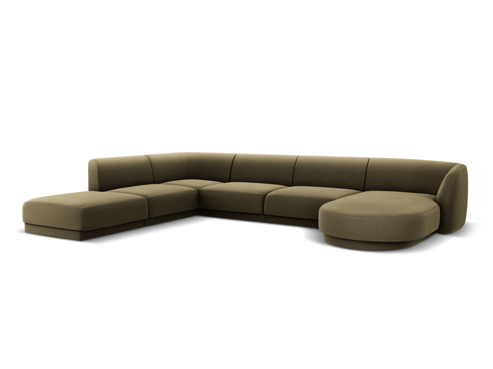 Luxuriöses Miley Velour Panoramic Ecksofa links in trendigem Green-Bluvel, perfekt für stilvolle Wohnzimmer und entspannte Stunden.