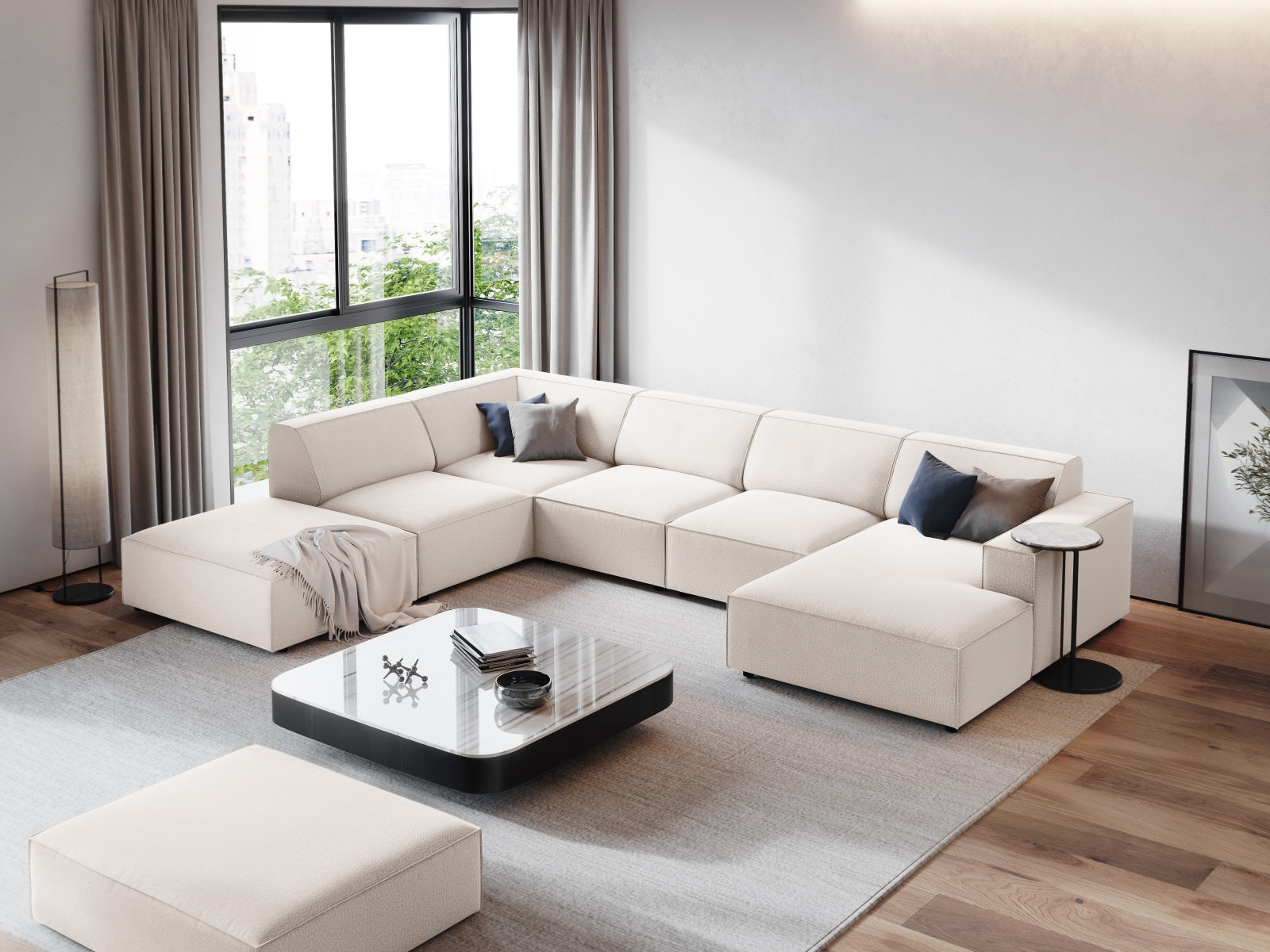 Entdecken Sie das stilvolle Jodie 7-Sitzer Ecksofa von Micadoni – modular, komfortabel und perfekt für Ihr modernes Wohnzimmer!