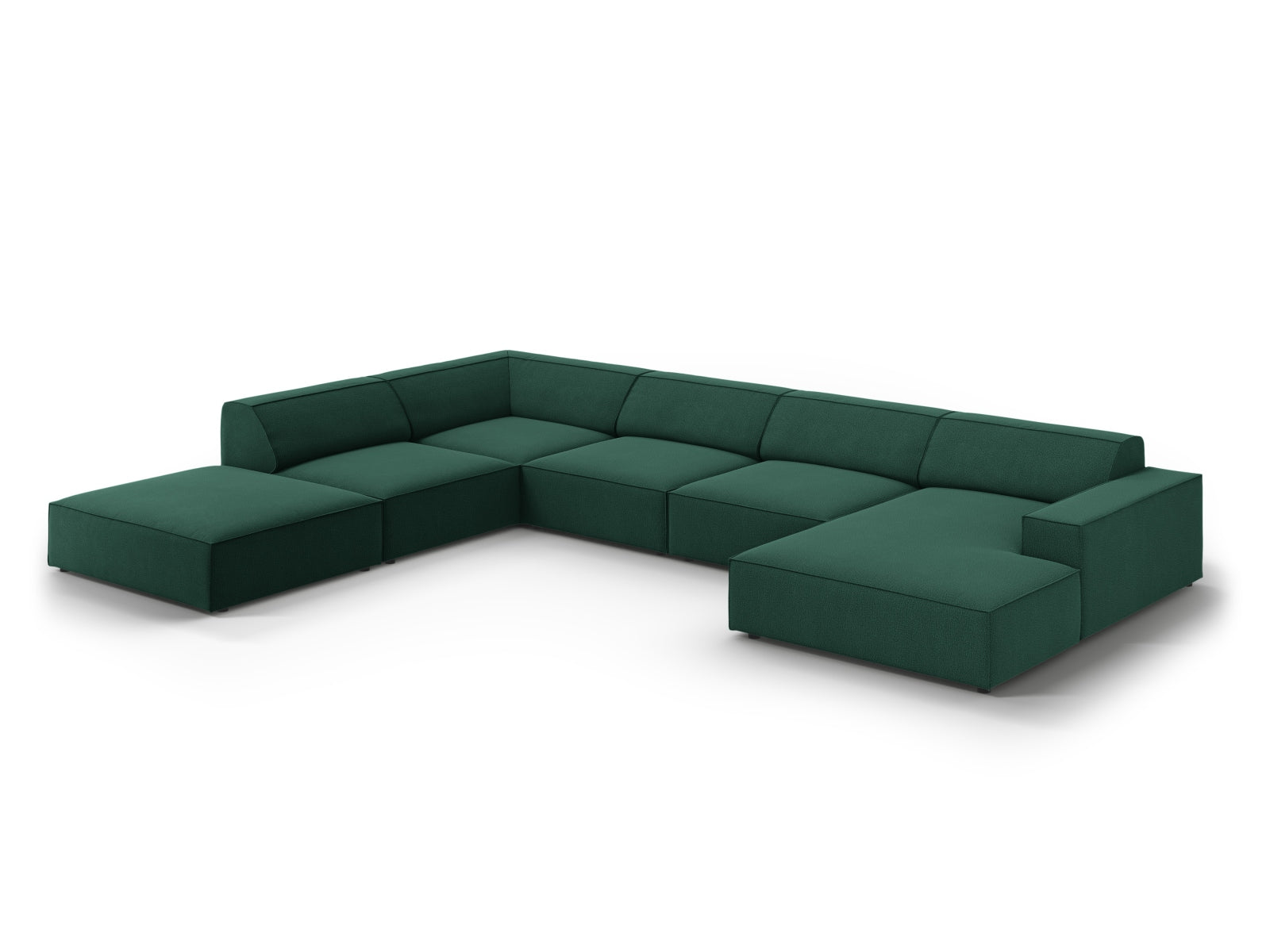 Modulares 7-Sitzer Ecksofa Jodie in ansprechendem Grün, perfekt für stilvolle Wohnräume, bietet Komfort und Flexibilität.