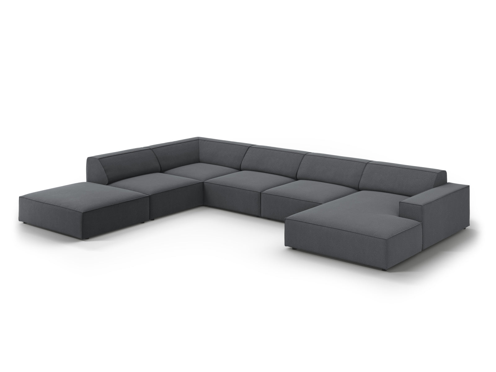 Elegantes, modulares 7-Sitzer Ecksofa Jodie in Dunkelgrau, perfekt für stilvolle Wohnzimmer, bietet Komfort und Flexibilität.