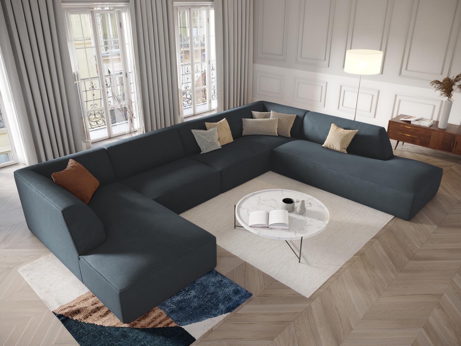 Stylisches Ruby Panoramic Ecksofa rechts in modernem Design, ideal für großzügige Wohnräume. Komfortables 7-Sitzer Sofa von Micadoni.