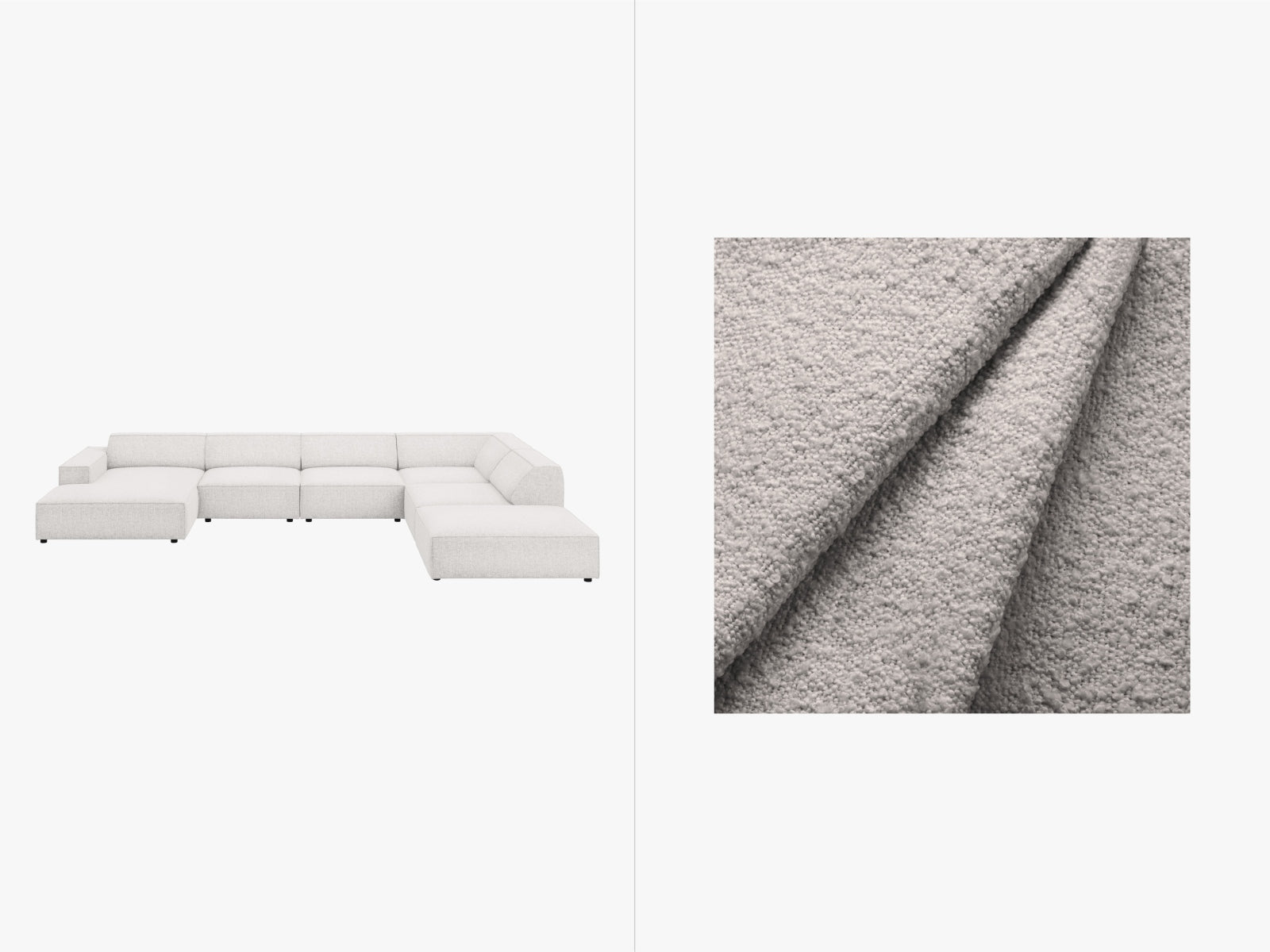 Elegantes, modulares Ecksofa Jodie Boucle in hellen Tönen, 7-Sitzer, perfekt für gemütliche Wohnzimmer und stilvolle Einrichtung.