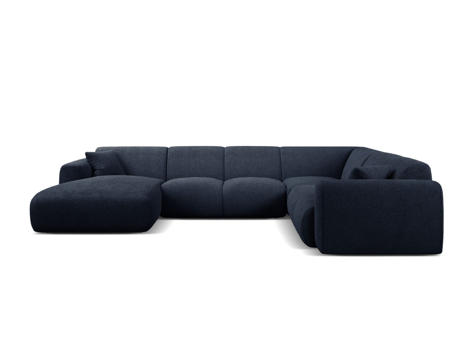 Elegantes 6-Sitzer Ecksofa Molino in Dunkelblau, ideal für moderne Wohnräume, mit modularer Panoramafunktion und stilvollem Design.