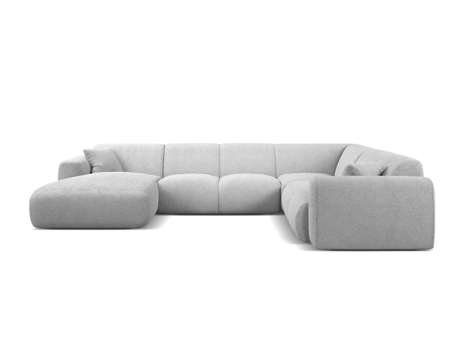 Elegantes 6-Sitzer Ecksofa Molino in hellem Grau, ideal für moderne Wohnräume, mit modularer Panoramafunktion und rechter Ecke.