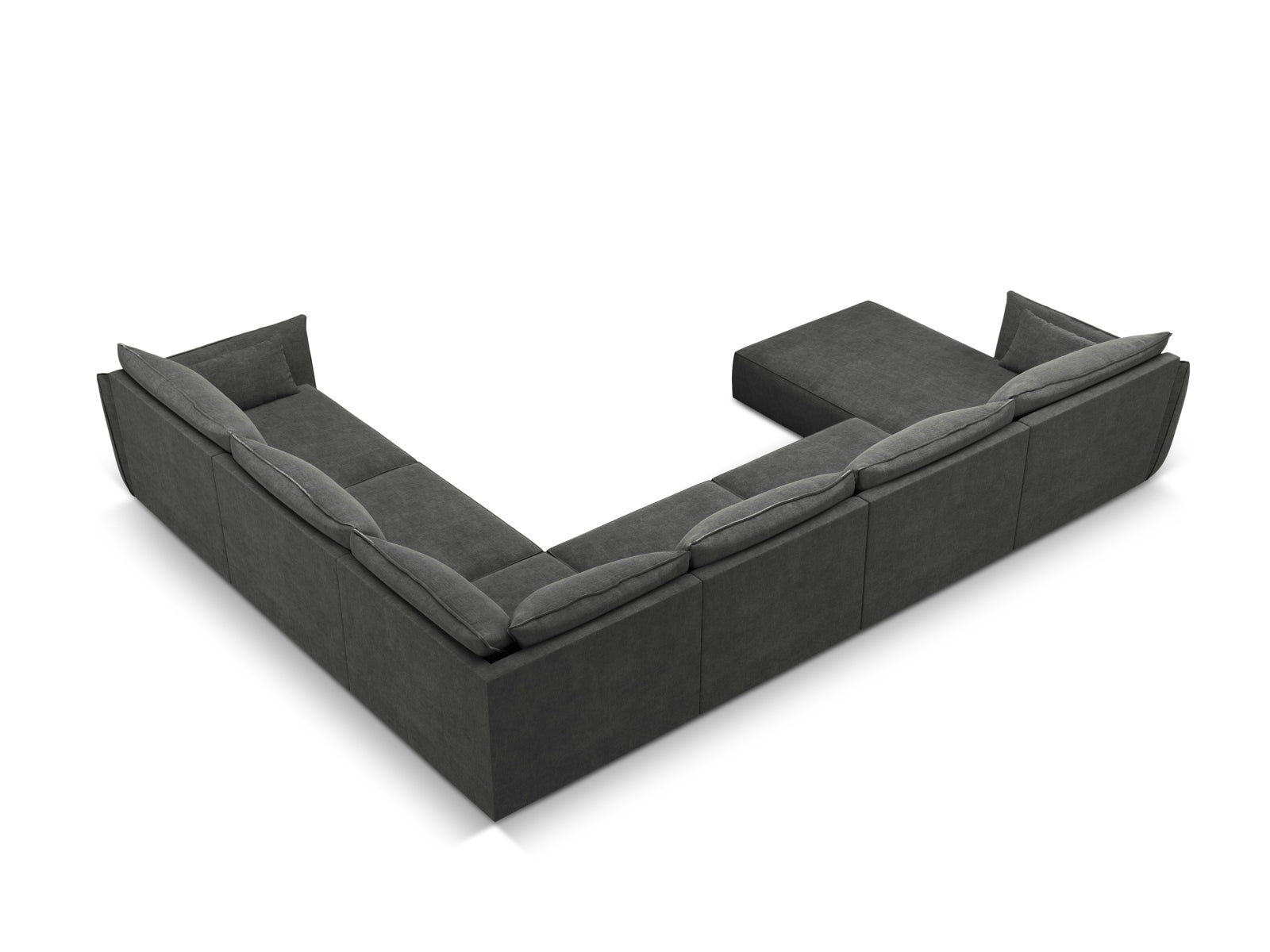 Modernes Kaelle Panoramic Ecksofa rechts für 8 Personen in edlem Dunkelgrau, perfekt für gemütliche Zusammenkünfte und stilvolle Einrichtung.