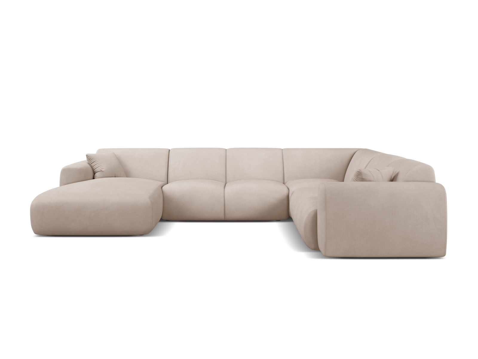 Beige 6-Sitzer Ecksofa Molino von Micadoni, modular und panoramisch, ideal für stilvolle Wohnräume, präsentiert in modernem Design.