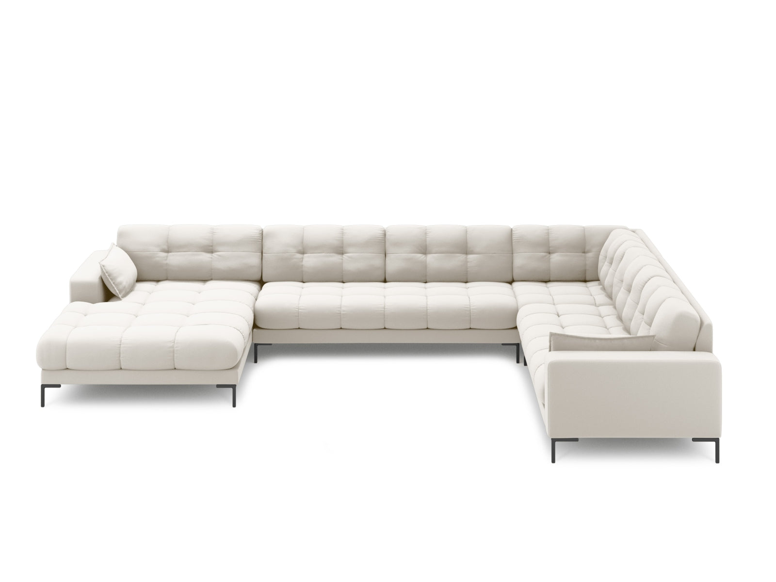 Elegantes Mamaia Panoramic Ecksofa rechts in Light Beige und Schwarz, ideal für stilvolle Wohnräume. 7-Sitzer für maximalen Komfort.