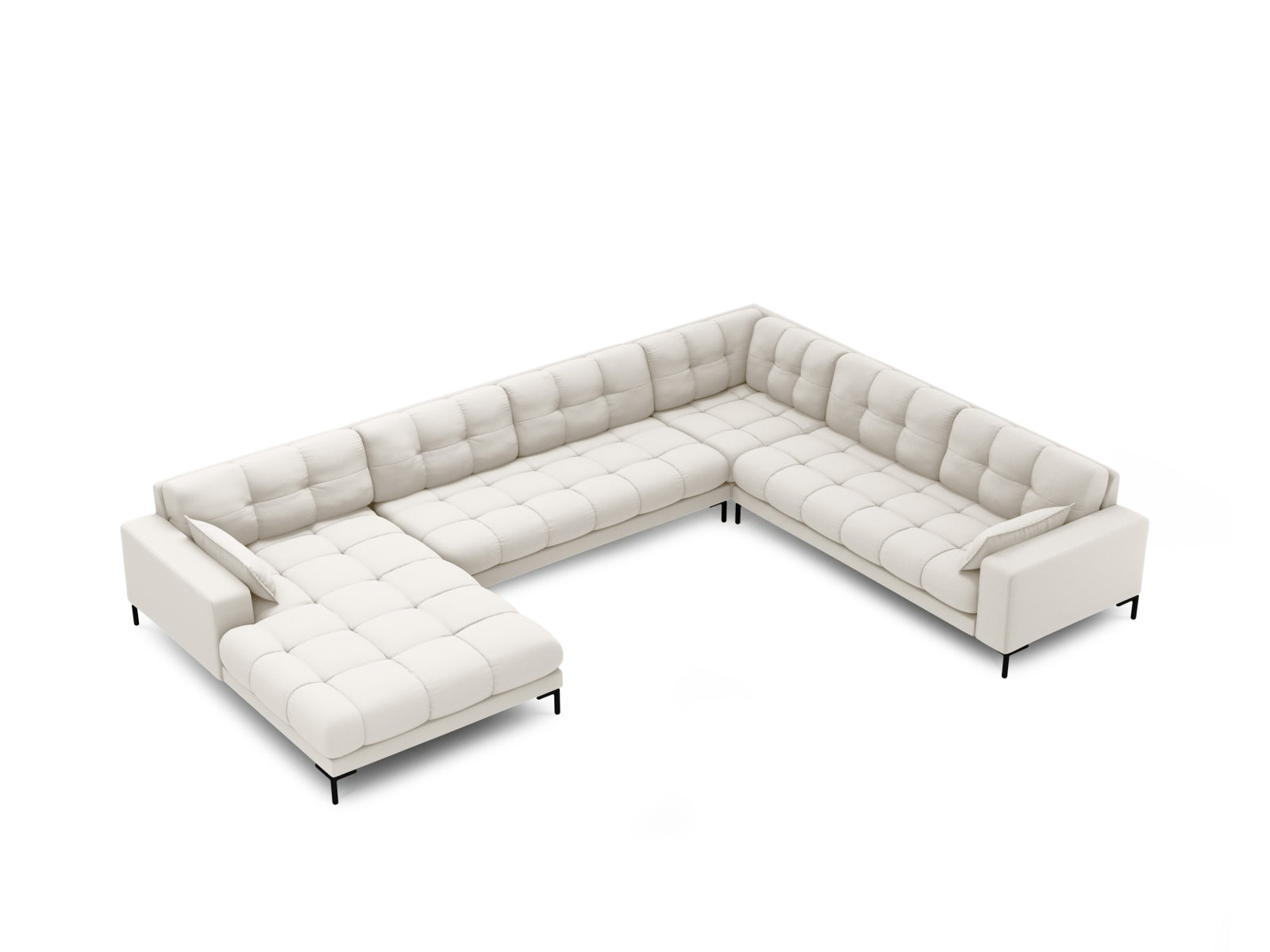 Modernes Mamaia Panoramic Ecksofa rechts in sanften Beige- und Schwarz-Tönen, perfekt für großzügige Wohnzimmer. 7-Sitzer für entspannte Stunden.