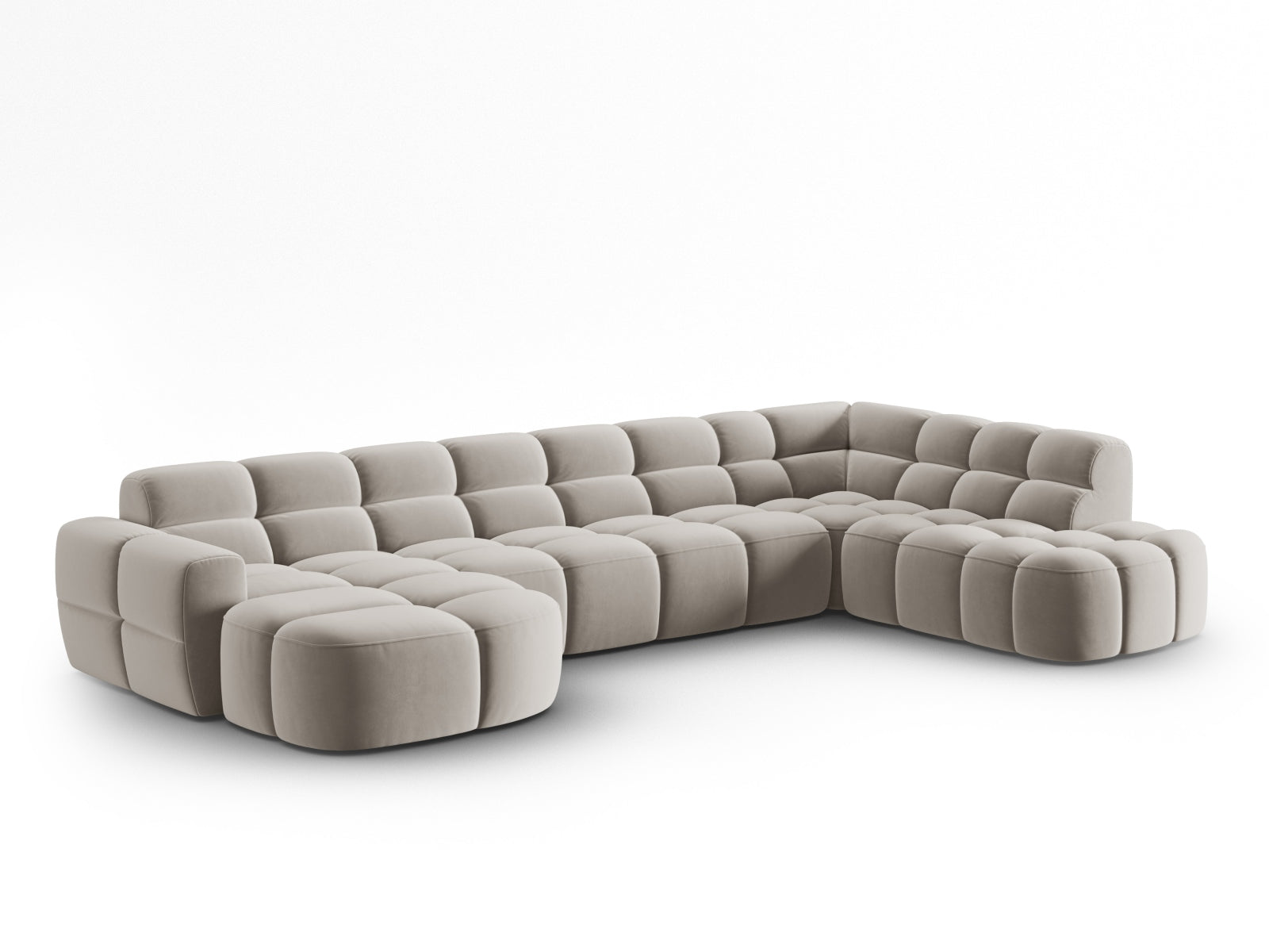Entdecken Sie das elegante Lisa Velour Panoramic Ecksofa rechts 7 Sitzer von Micadoni. Ideal für stilvolle Wohnräume, bietet es höchsten Komfort und modernes Design.