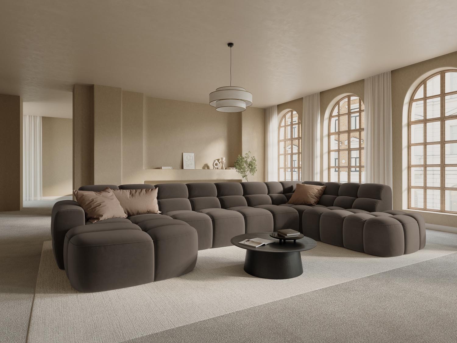 Erleben Sie das stilvolle Lisa Velour Panoramic Ecksofa rechts 7 Sitzer von Micadoni. Perfekt für Ihr modernes Zuhause, vereint es Komfort und Eleganz.