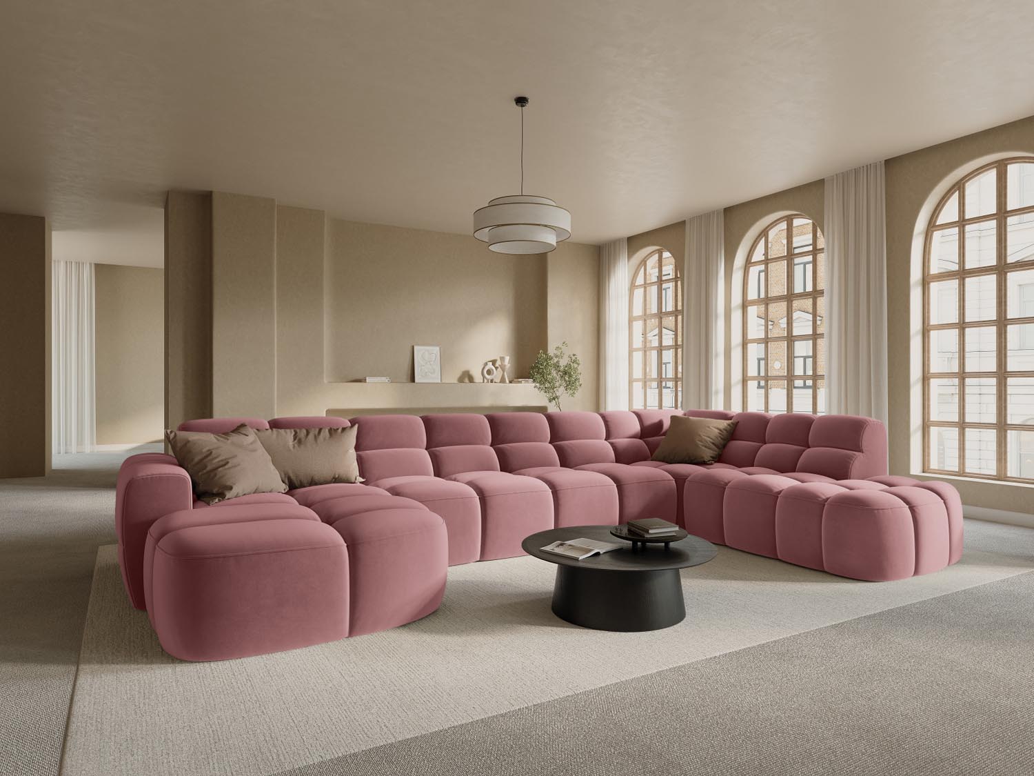 Erleben Sie das stilvolle Lisa Velour Panoramic Ecksofa rechts 7 Sitzer von Micadoni. Perfekt für Ihr modernes Zuhause, vereint es Komfort und Eleganz.