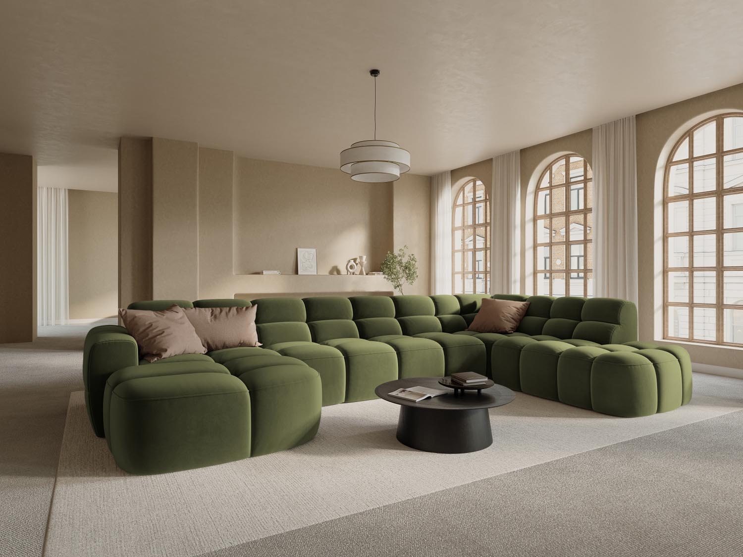 Erleben Sie das stilvolle Lisa Velour Panoramic Ecksofa rechts 7 Sitzer von Micadoni. Perfekt für Ihr modernes Zuhause, vereint es Komfort und Eleganz.