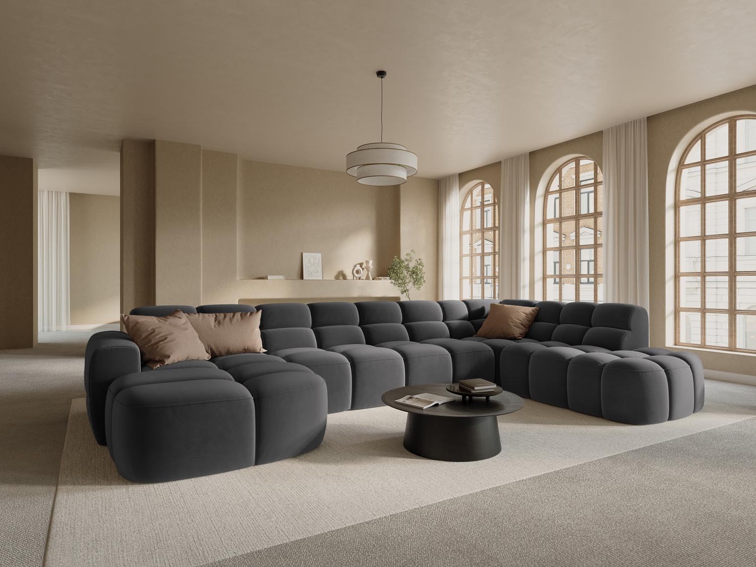 Erleben Sie das stilvolle Lisa Velour Panoramic Ecksofa rechts 7 Sitzer von Micadoni. Perfekt für Ihr modernes Zuhause, vereint es Komfort und Eleganz.