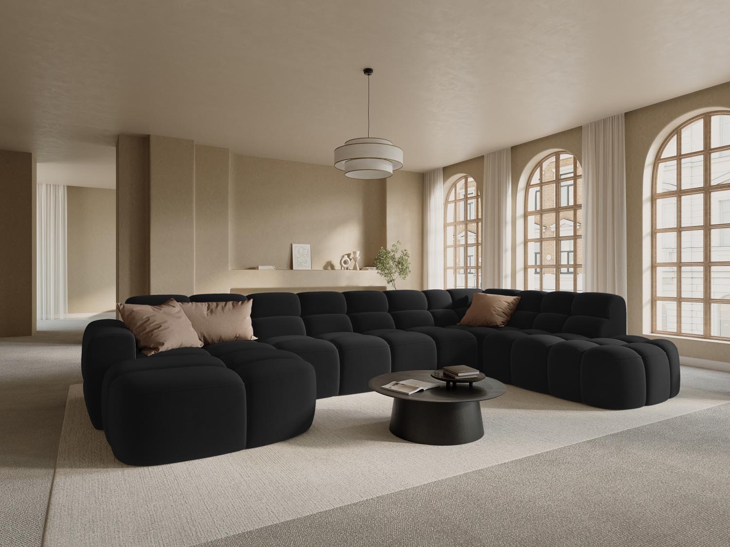 Erleben Sie das stilvolle Lisa Velour Panoramic Ecksofa rechts 7 Sitzer von Micadoni. Perfekt für Ihr modernes Zuhause, vereint es Komfort und Eleganz.