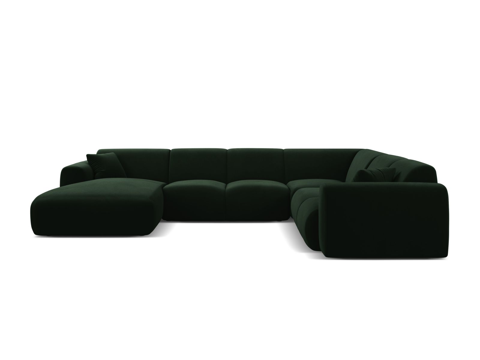 Elegantes 6-Sitzer Ecksofa Molino in Bottle Green-Casino, ideal für stilvolle Wohnräume, präsentiert in einer modernen Umgebung.