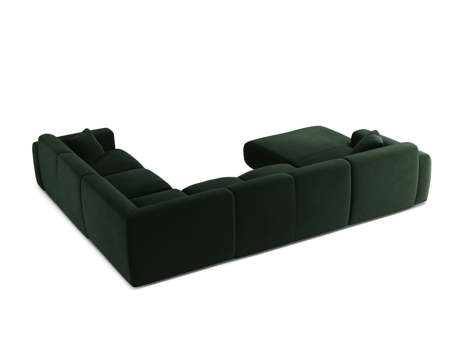Modulares 6-Sitzer Ecksofa Molino in edlem Bottle Green-Casino, perfekt für gemütliche Wohnzimmer, stilvoll in Szene gesetzt.