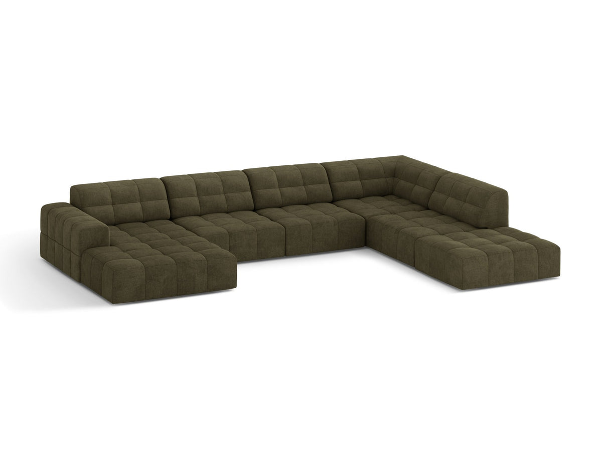 Panoramasofa Jennifer von Micadoni in leichtem Beige, Ecksofa rechts mit Bluvel-Stoffbezug, Rückenlehne und schwarzen Kunststoffbeinen aus Polypropylen.